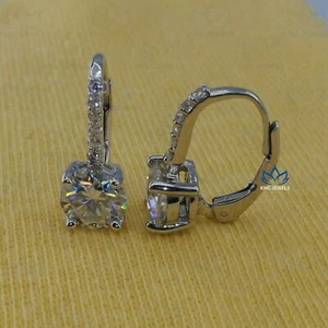 2.4CTW Round Cut Certified Moissanite Leaver Back Earrings 14K White Gold Plated - Picture 1 of 7
