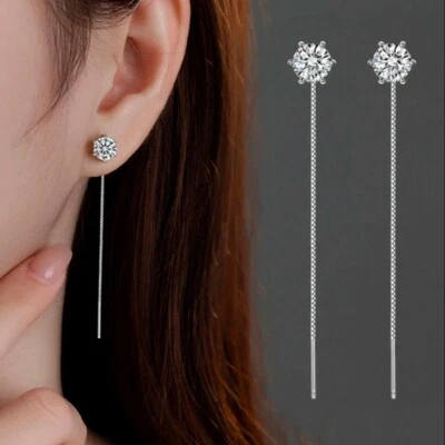 1-2Ct D Color Round Cut Moissanite Drop Threader Earrings 14K White Gold Plated - Image 1 of 4