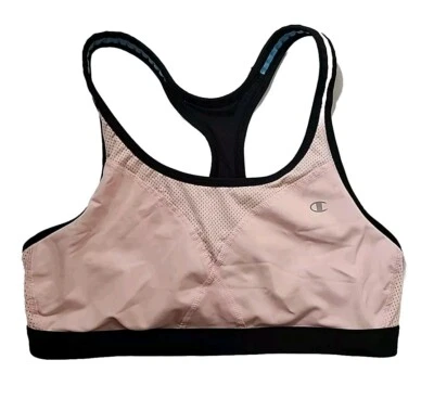 Champion Women Sports Bra XL Pink Black Logo Racerback Double Dry Back Hook &Eye - Image 1 of 4
