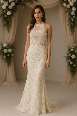 Lets Formal Dress Womens M Ivory Lace Beaded Sheath Bridal Mermaid Gown - Image 1 of 4