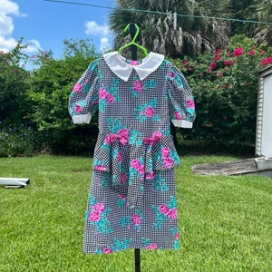 Vintage 90er Mädchen Blumen Gingham Kontrast Kragen Schleife Kleid Größe 8 - Bild 1 von 7