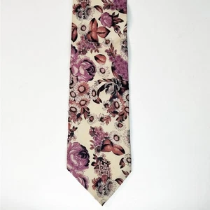 Charleston Tie Rack Floral Print Mens Neck Tie Cream Purple 100% SilK - Picture 1 of 7