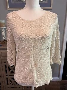 Camicia Adiva maglia all'uncinetto fiori manica 3/4 vedi Thru Small - Foto 1 di 5