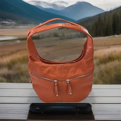 Tignanello Mujer Cuero Genuino Bolso de Hombro Cartera Naranja Quemado Bolsillos Foto 1 de 4