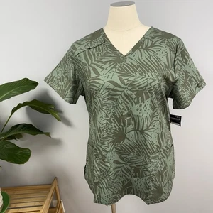 NWT Dickies Scrub Top 2X Green Palm Leaf Cotton Scrubs Nurse Uniform Floral - Picture 1 of 6