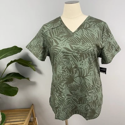 NWT Dickies Scrub Top 2X Green Palm Leaf Cotton Scrubs Nurse Uniform Floral - Image 1 of 4