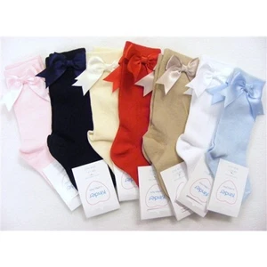 BABY GIRLS LONG BOW SOCKS SPANISH STYLE DRESS OCCASION COTTON KNEE SOCKS BOWS - Picture 1 of 2