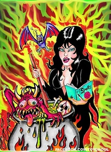 MONSTER KUNSTDRUCK ELVIRA HERRIN DER DUNKLEN HORROR HEXENKESSEL SCHERES - Bild 1 von 1