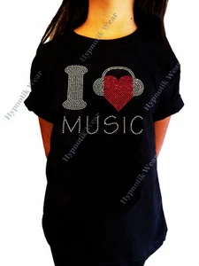 Girls Rhinestone T-Shirt " I Love Music with Headphones " Kids Size 3 to 14 - Picture 1 of 2