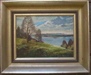 ::DIPINTO OLIO °LAGO RIVA PRIMAVERA PREALPI CIELO BLU °CORNICE ANTICA °1930 CIRCA OLIO - Foto 1 di 5