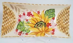 Bella Casa by Ganz Sunflower Floral Leaves Tray Ceramic woven textured handles - Picture 1 of 6