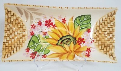 Bella Casa by Ganz Sunflower Floral Leaves Tray Ceramic woven textured handles  - Image 1 of 4