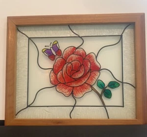 VTG OAK FRAMED STAINED GLASS FLORAL WINDOW OR WALL HANGING. 17.5 X 11.5 - Picture 1 of 9