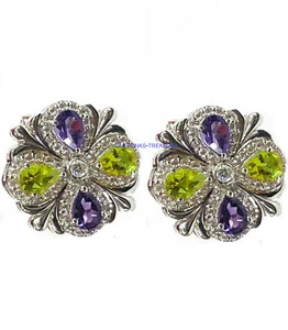 Natural Peridot & Amethyst Gemstones 925 Sterling Silver Cufflinks for men's #45 - Picture 1 of 3