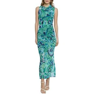 NWT DONNA MORGAN Mesh Overlay Asymmetric Mock Neck Side Slit Maxi Dress Sz:8,12 - Picture 1 of 9