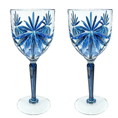 Pair of Blue Murano Wine Glasses Hand Painted Dark Stem Venice Italy 20cm - Image 1 of 4