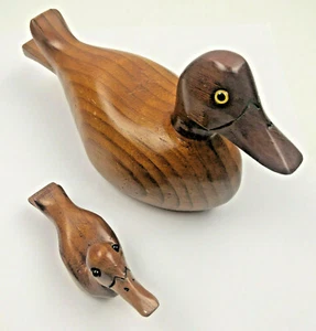 Pair of Handcrafted Wooden Ducks One Signed and Dated 1985 9" x 4" and 4" x 2" - Picture 1 of 11