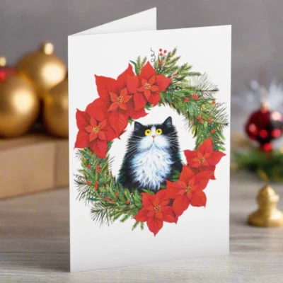 TOMCAT CARDS Black & White Cat in Poinsettia Wreath Christmas Card Kim Haskins Humorous Cards