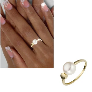 Damen Ring 585 echt Gold Gelbgold glänzend 8 mm Perle weiß 14K Gr 50-60 neu - Bild 1 von 2