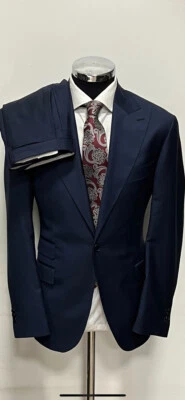 Traje de lana Cerruti super 150 azul marino con solapa de pico cosida a mano/bolsillo para boletos Foto 1 de 4