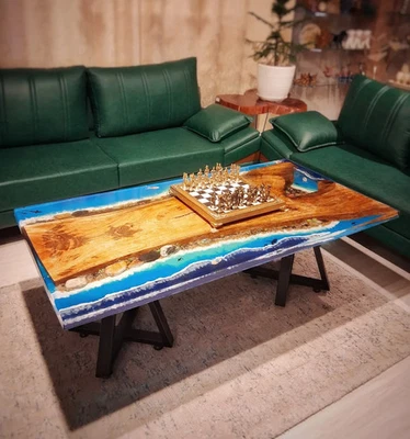 Handmade Ocean Epoxy Resin Dining Table Top | Live Edge Wooden Table Top Decor - Image 1 of 4
