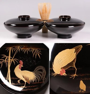 Japanese Wajima Lacquer Pair of Lidded Soup Bowl 5.4inch Gold Rooster Maki-e - Image 1 of 4