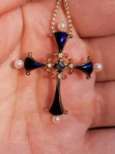 Franklin Mint Imperial Faberge Midnight Saphir 14K Gold Diamant Kreuz Anhänger - Bild 1 von 4