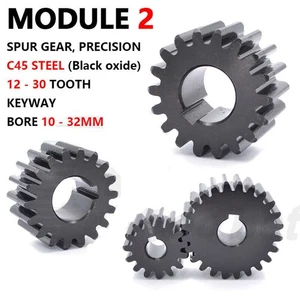Module 2 Spur Gear C45 Steel Black Oxided Pinion 12-30 Tooth Keyway 10-32mm Flat - Picture 1 of 146