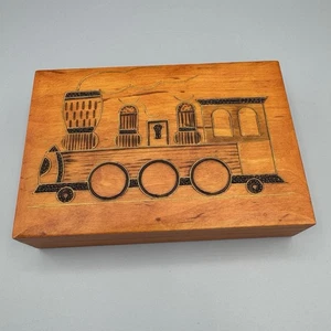 Vtg Polish Etched Train Engine Wood Trinket Jewelry Keepsake Box Hand Made 6 in - Picture 1 of 10
