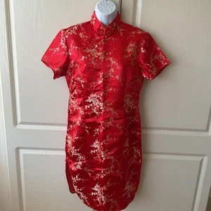 Vintage Chinese women’s Cheongsam Red short sleeve knee length dress 36” Bust - Picture 1 of 8
