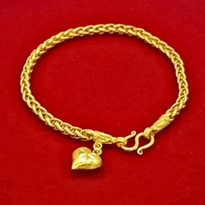 Bracelet Braid Chain 23k 24k Thai Baht Gold Plated Heart Pendant Jewelry Women - Picture 1 of 6