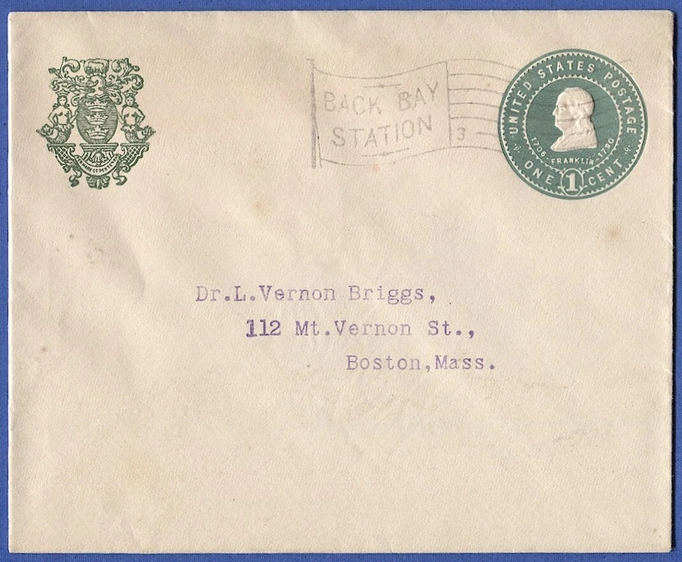 1903 U379 1c Franklin Stationery envelope Used "Back Bay Station" Flag - Error - Image 1 of 1