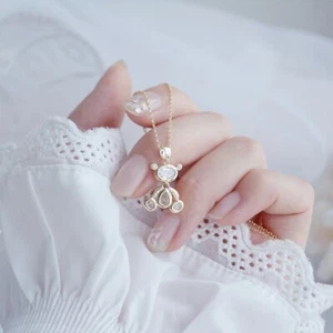 Beautiful Teddy Bear Necklace Crystal and Gold w/ Chain - Great, Cute Gift - Picture 1 of 6