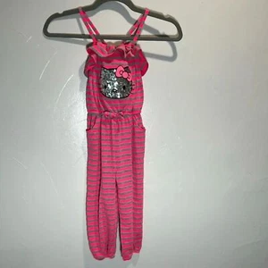 Hello Kitty Jumpsuit Girls Size 6 Pink Gray Stripes Long Romper Sparkle Bright - Picture 1 of 13