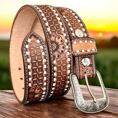 Men's Western Belt Cowboy Rodeo Full Grain Leather Belt With Removable Buckle - Image 1 of 4
