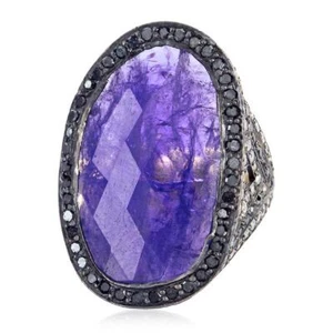 16.64ct Bluetanzanite Rebanada Plata Anillo Surrounded con Blanco Diamante Negro - Imagen 1 de 6