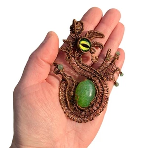 Green Agate Gemstone Jewelry Antiqued Copper Wire Wrap Dragon Pendant For Women - Picture 1 of 5