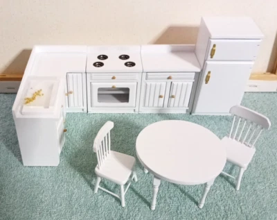 Miniature Kitchen 1:12 scale wood cabinets, sink, stove, fridge, table & chairs - Image 1 of 4