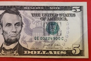 Misaligned $5 Five Dollar Bill Fancy Serial Number QE00224900C Series 2021 - Picture 1 of 4