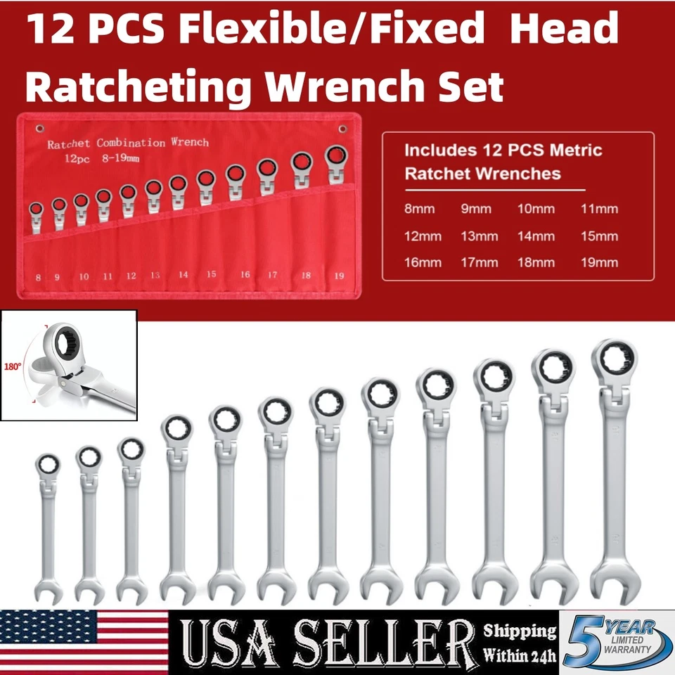 COOLGO ✅8/12PCS 8-19mm Metric Flexible Head Ratcheting Wrench Combination Spanner Tool