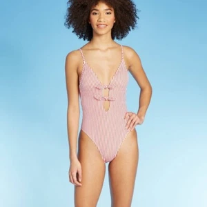 ¡NUEVO CON ETIQUETAS! Traje de baño Target Xhilaration rojo a rayas corbata frontal de una pieza talla XS - Imagen 1 de 2