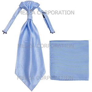 Nuevo 100% Poliéster Para Hombre Rayas Horizontales Ascot Corbata Pañuelo Fiesta Azul Claro - Imagen 1 de 4