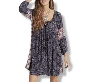 American Eagle Dress Blue Boho Floral Long Sleeve Tassels Shift Size XXS NEW - Picture 1 of 10