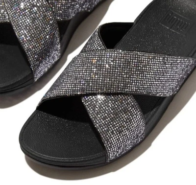 FITFLOP LULU GLITTERBALL CROSS SLIDE SIZE 5/38 BLACK/SILVER SANDALS FREE P&P - Image 1 of 4