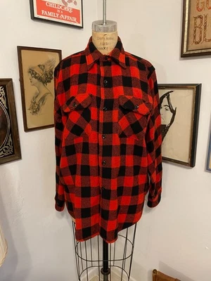 VTG 60s Duxbak Buffalo Plaid Flannel Shirt Men's Wool Red Black Outdoor Sz Large - Image 1 of 4