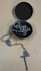 Vintage Sterling Silver Rosary MCM Case crucifix cross necklace mary - Picture 1 of 14