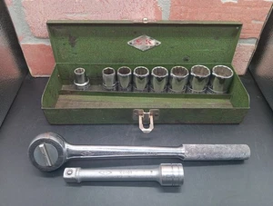Vtg SK 1/2" Drive Socket Set of 8 Knurled Bullet Nose: Ratchet, Extension & Case - Foto 1 di 24