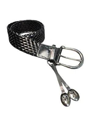  Michael Kors S Wide Black Braided Leather Belt MK Charms Silver Buckle - Image 1 of 4