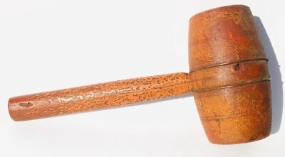 Antique Old 1800s Wood Hammer Barrel Mallet Primitive Orange Paint Early Repair - Image 1 of 4