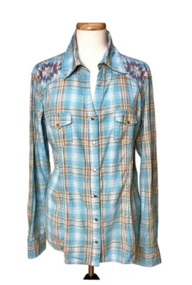 Panhandle Slim NWT Juniors XL Cowgirl Blue Plaid w/ Geometric Cross Stitch - Image 1 of 4
